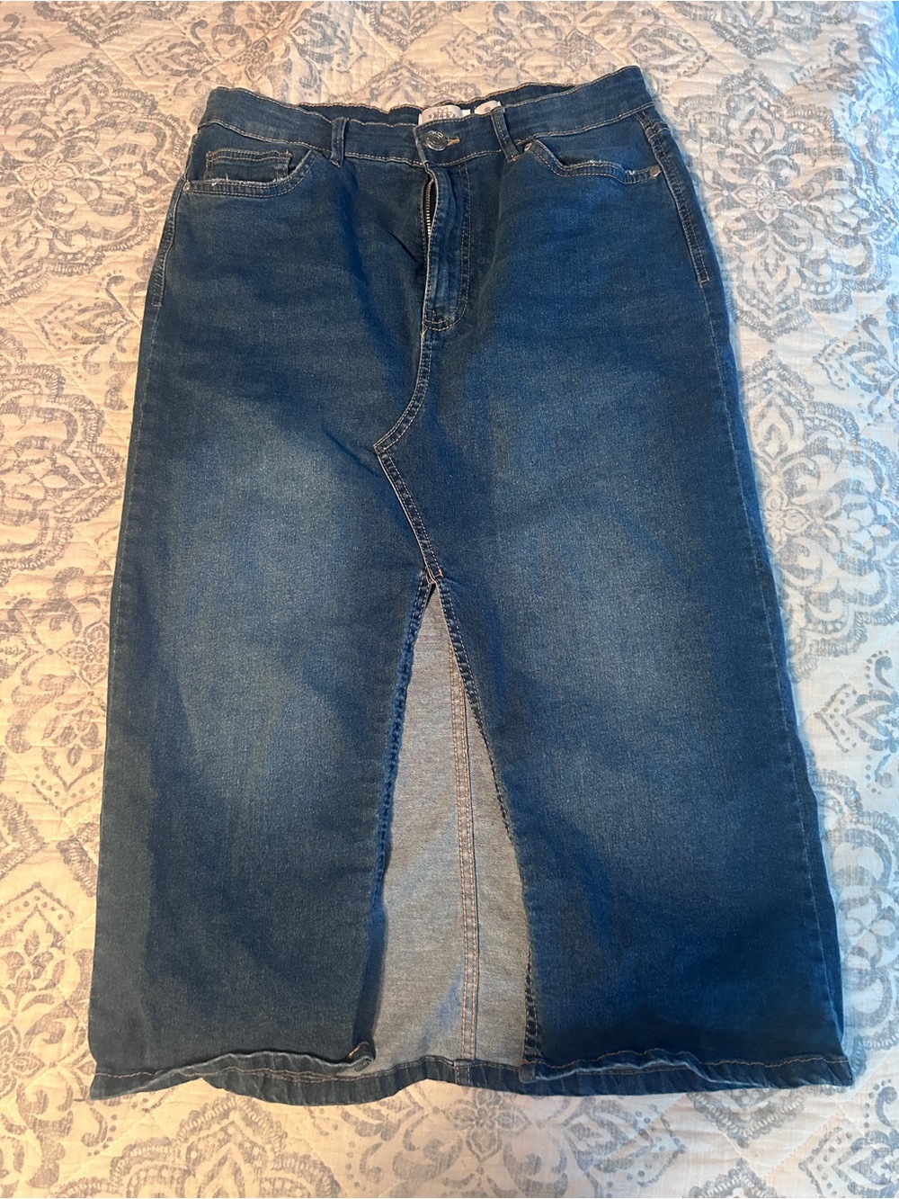 Women’s Blue Denim Midi Skirt with Front Slit